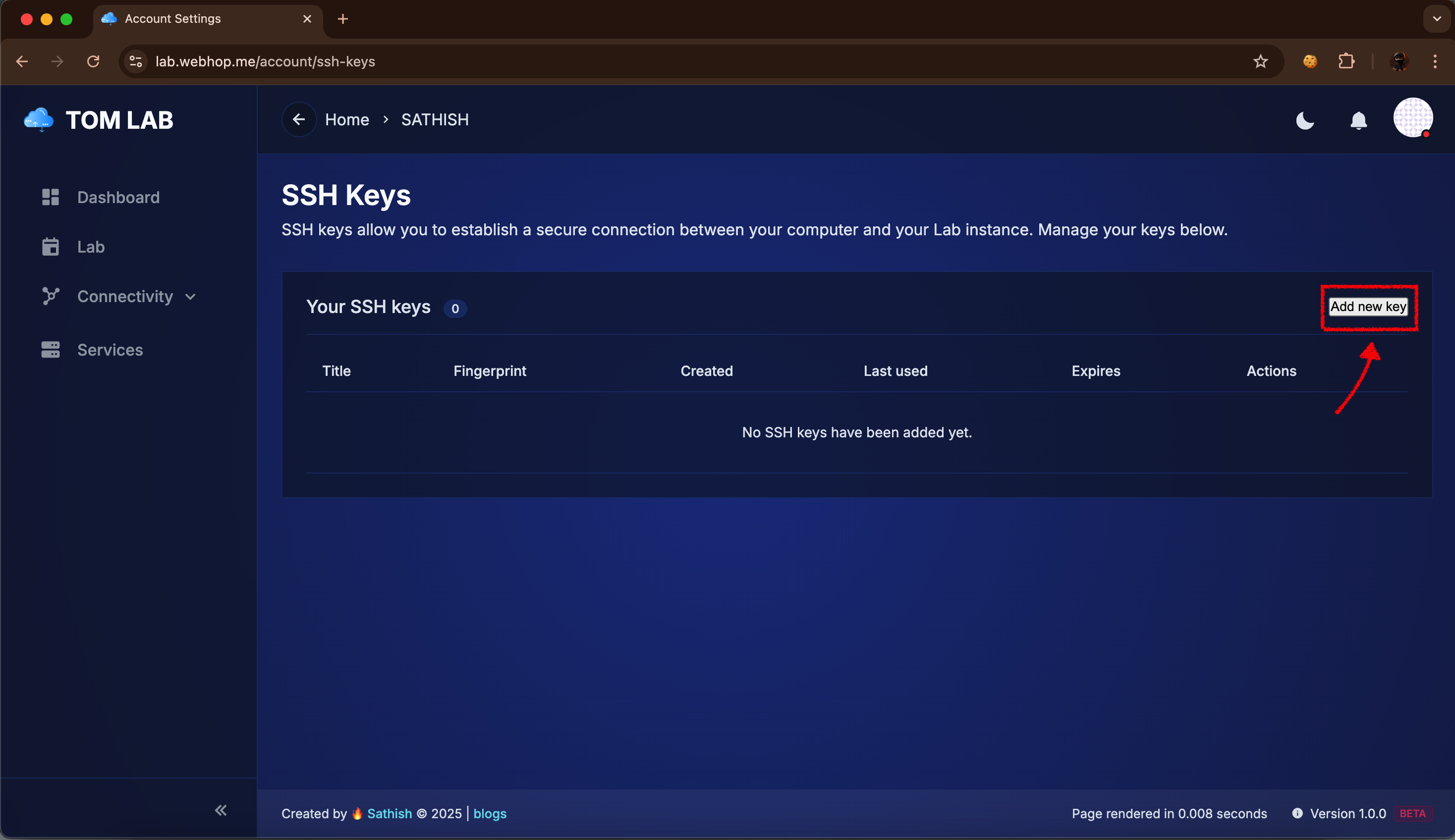 Adding SSH key to Tom Lab account
