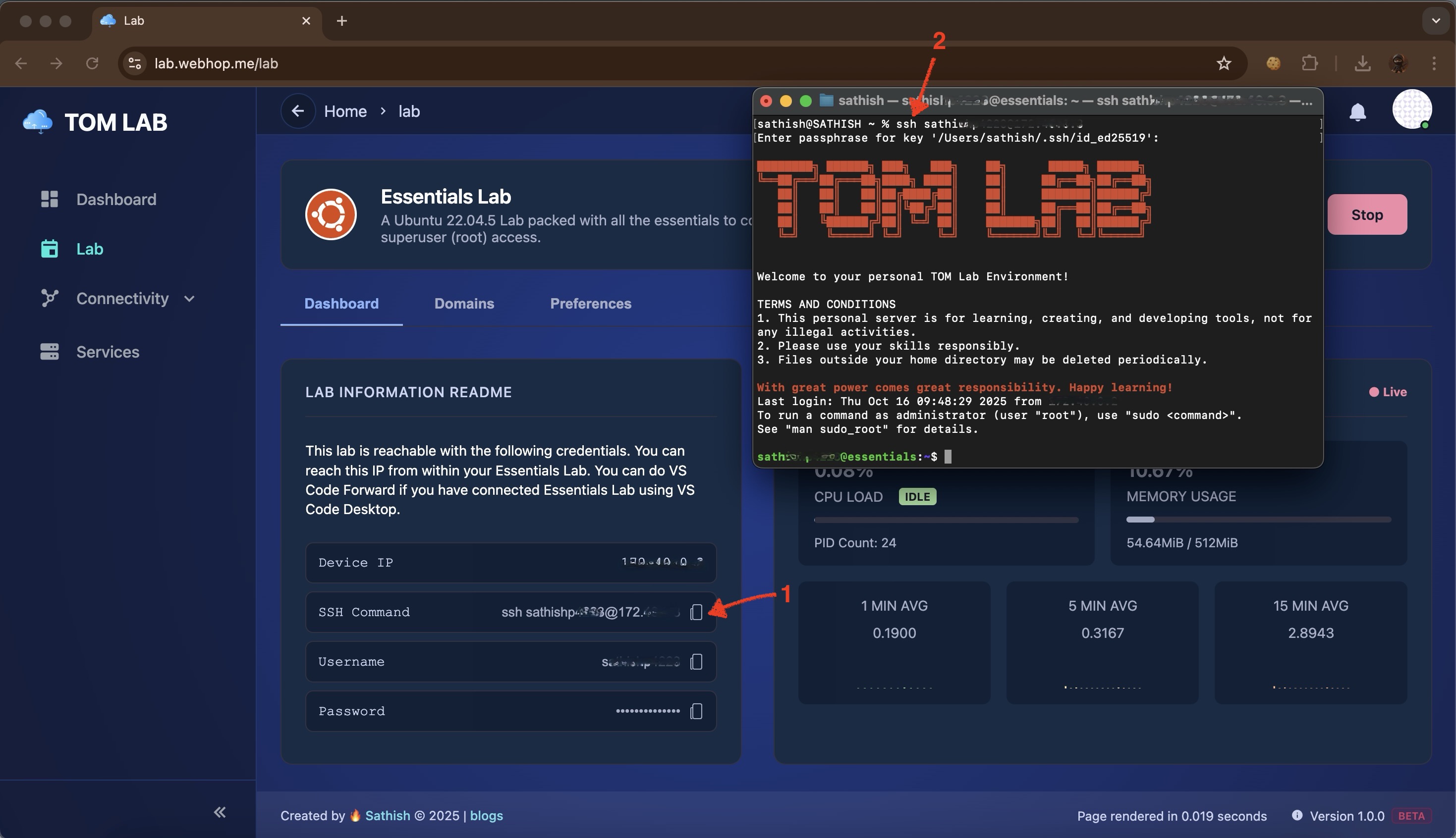 Successfully connected to Tom Lab via SSH