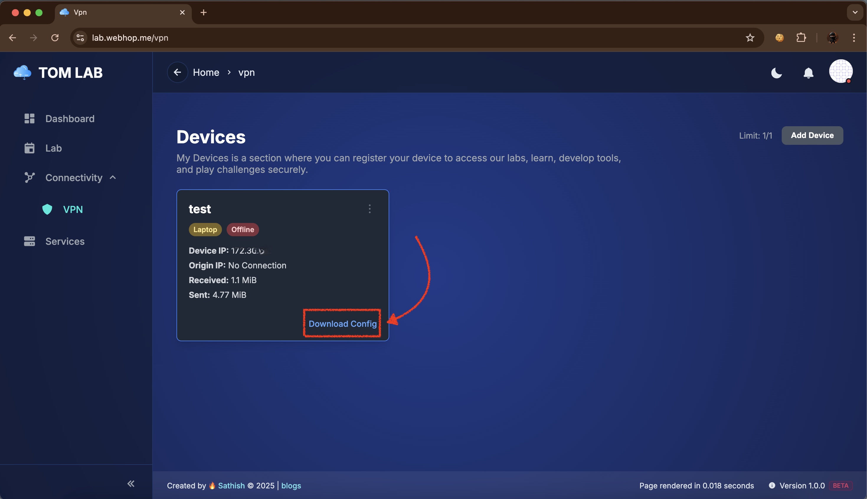 VPN device created in Tom Lab