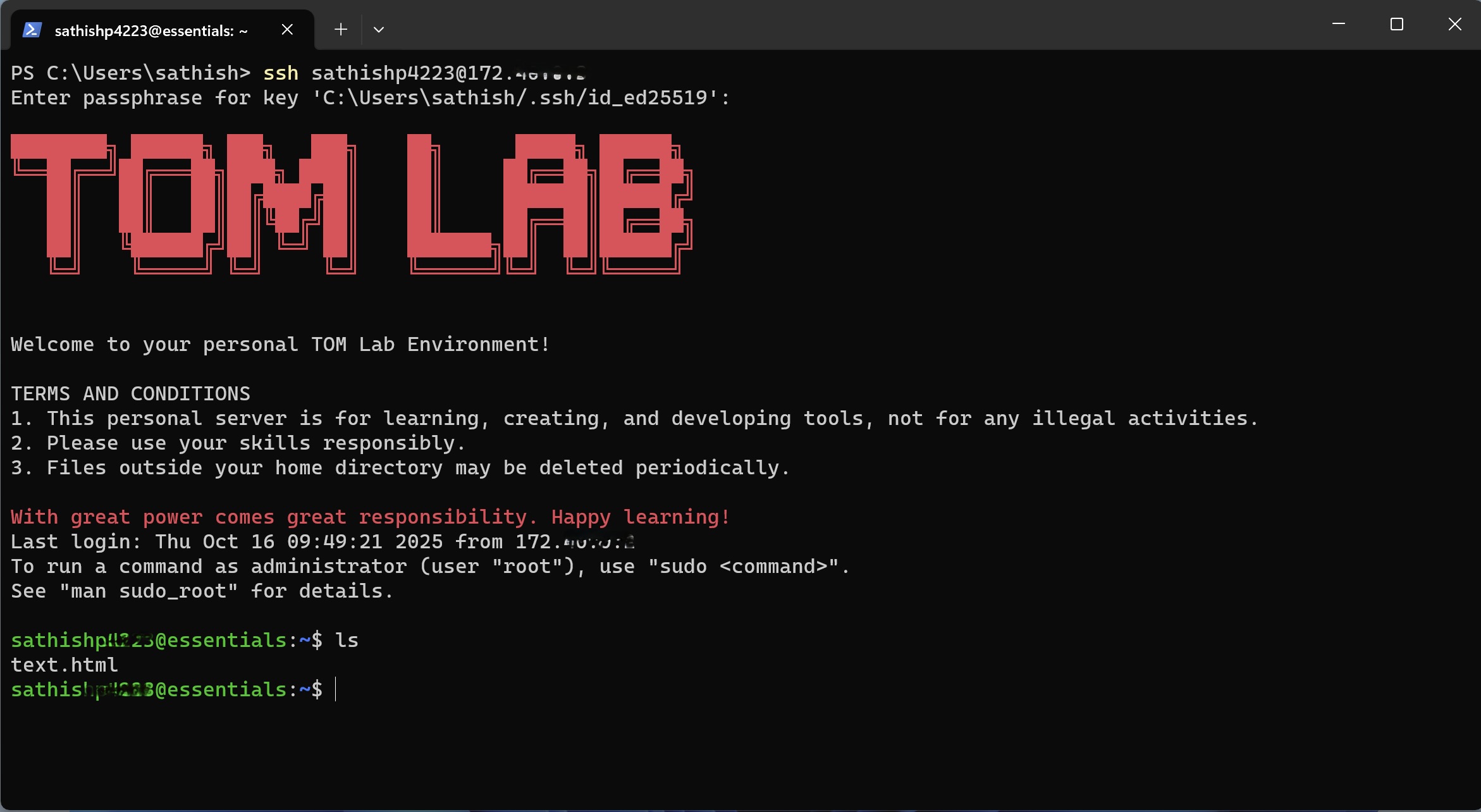 Successfully connected to Tom Lab from Windows PowerShell
